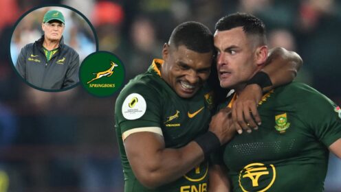 Springboks Damian Willemse and Jesse Kriel with an inset of head coach Rassie Erasmus.