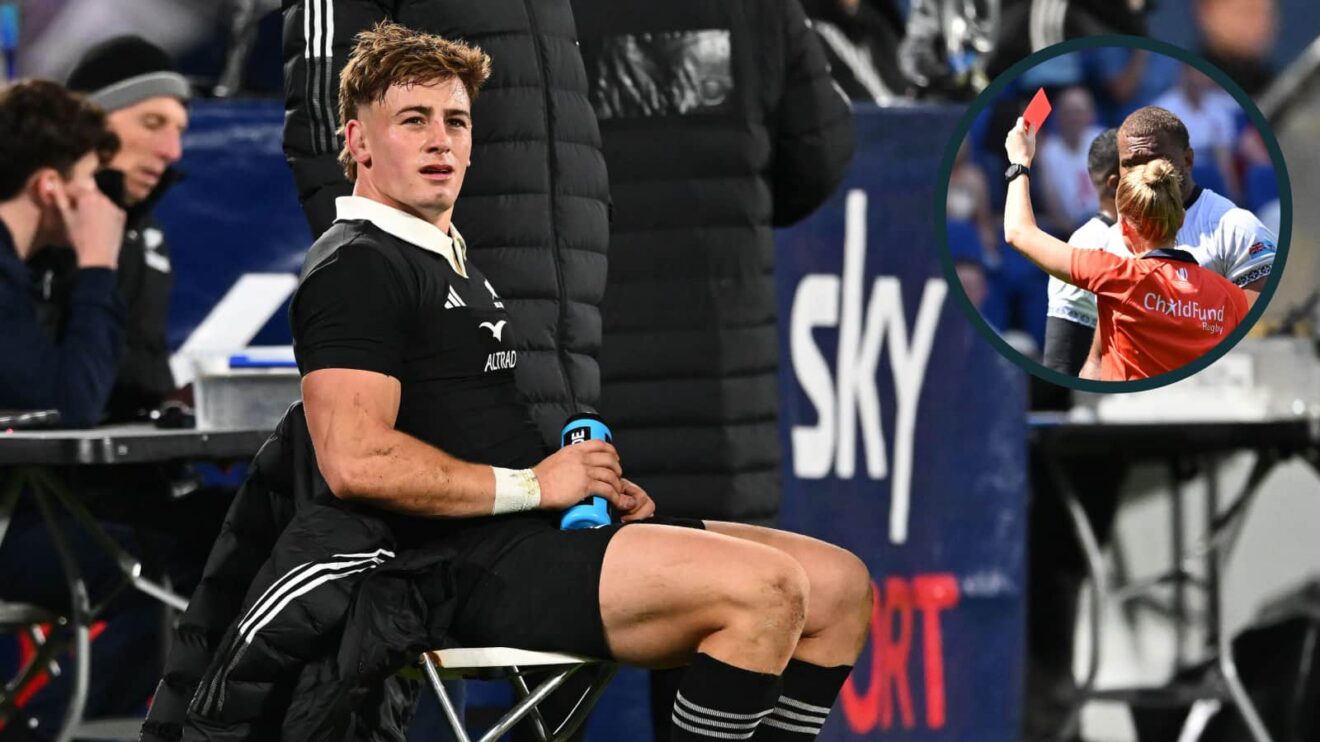 All Blacks fly-half Ruben Love after being sin-binned and an inset of Hollie Davidson issuing a red card.