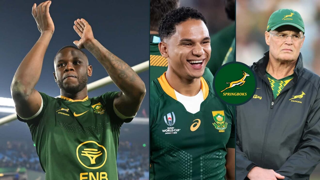 Springboks Aphelele Fassi and Herschel Jantjies with head coach Rassie Erasmus.