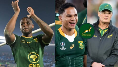 Springboks Aphelele Fassi and Herschel Jantjies with head coach Rassie Erasmus.