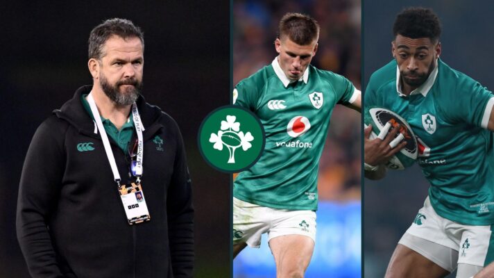 A three panel image of Andy Farrell, Sam Prendergast and Rob Baloucoune
