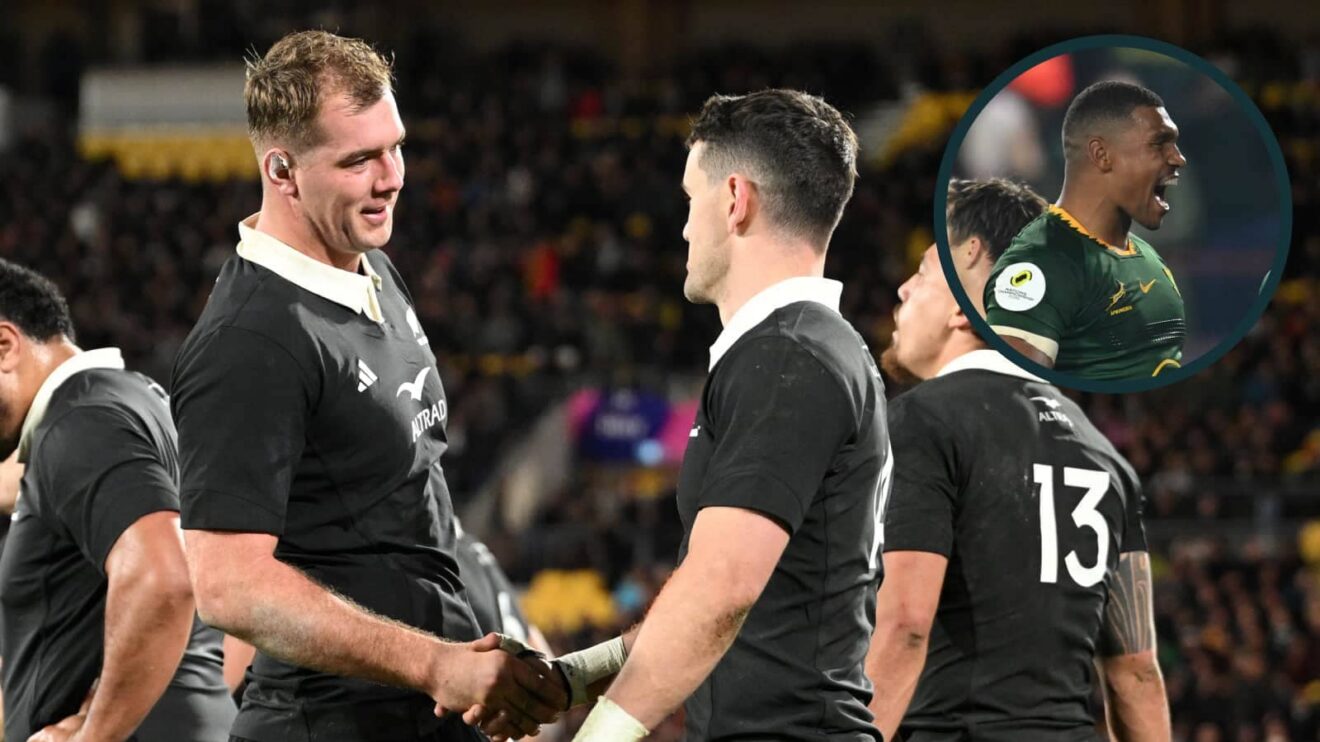 Blacks Sam Darry and Will Jordan with an inset of Springboks back Damian Willemse