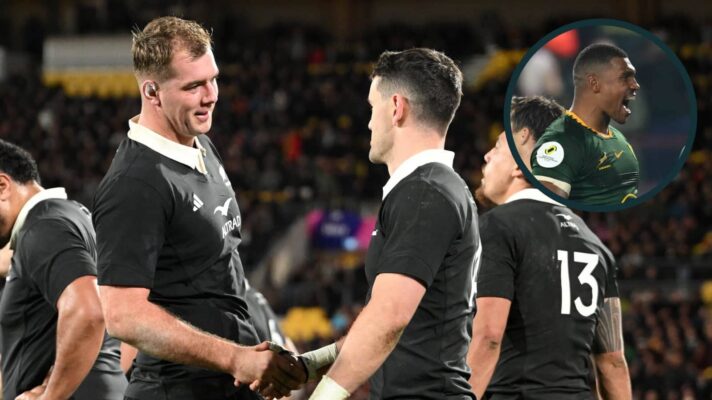 Blacks Sam Darry and Will Jordan with an inset of Springboks back Damian Willemse
