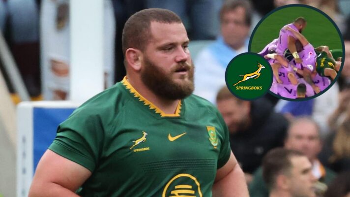 Wilco Louw and an inset of a scrum between the Springboks and Scotland