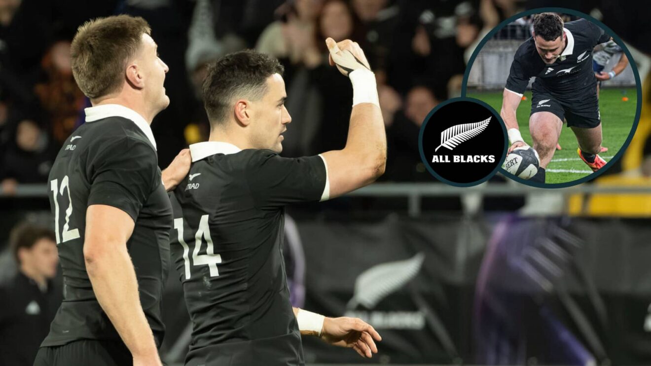 Will Jordan celebrating after scoring a try (inset) for the All Blacks against Italy.