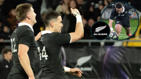 Will Jordan celebrating after scoring a try (inset) for the All Blacks against Italy.