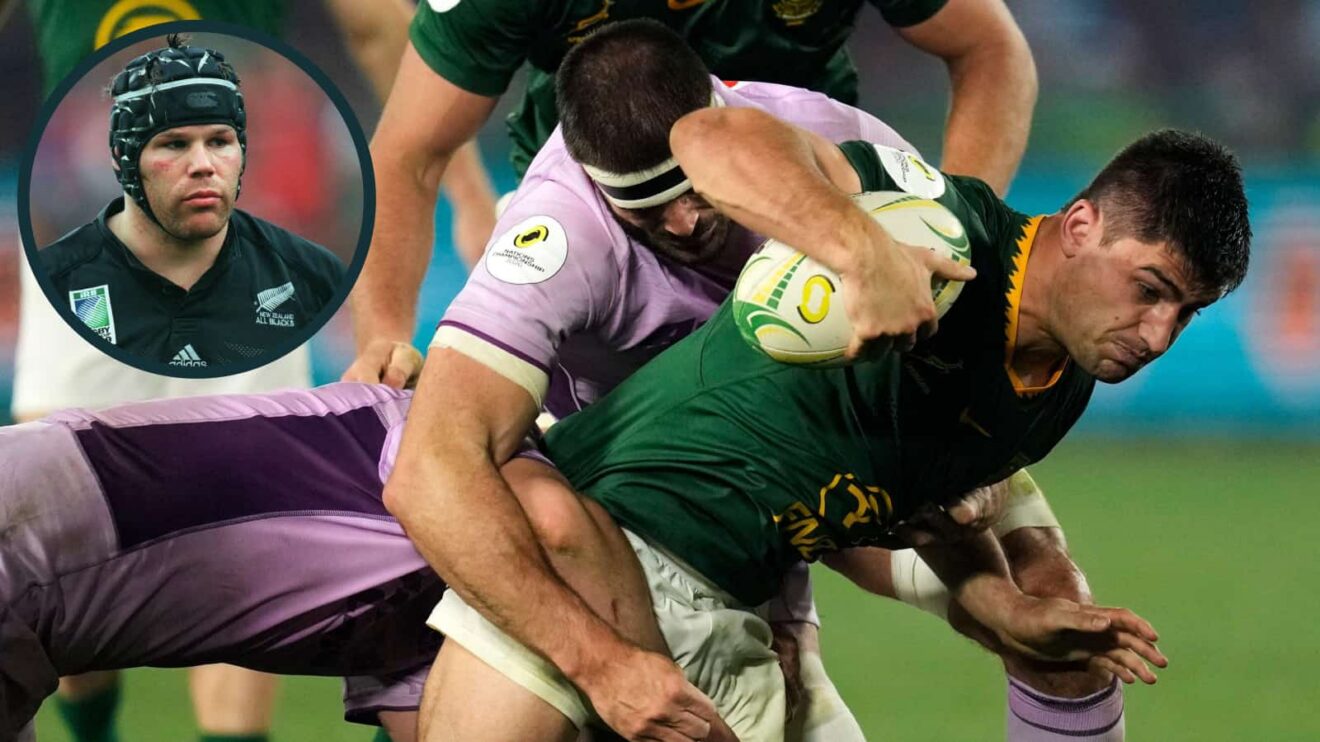 Springboks flanker Paul de Villiers and an inset of ex-All Blacks back-rower Josh Kronfeld.