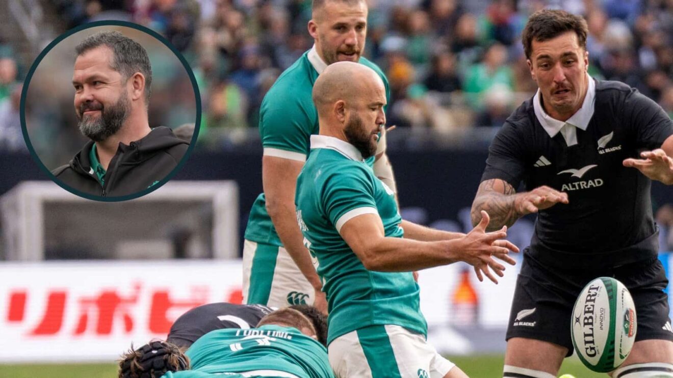 Jamison Gibson-Park during Ireland v All Blacks clash and head coach Andy Farrell (inset).