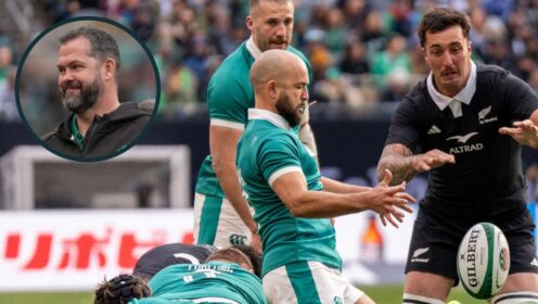 Jamison Gibson-Park during Ireland v All Blacks clash and head coach Andy Farrell (inset).