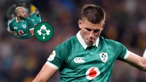 Ireland fly-half Sam Prendergast with an inset of Jamison Gibson-Park.