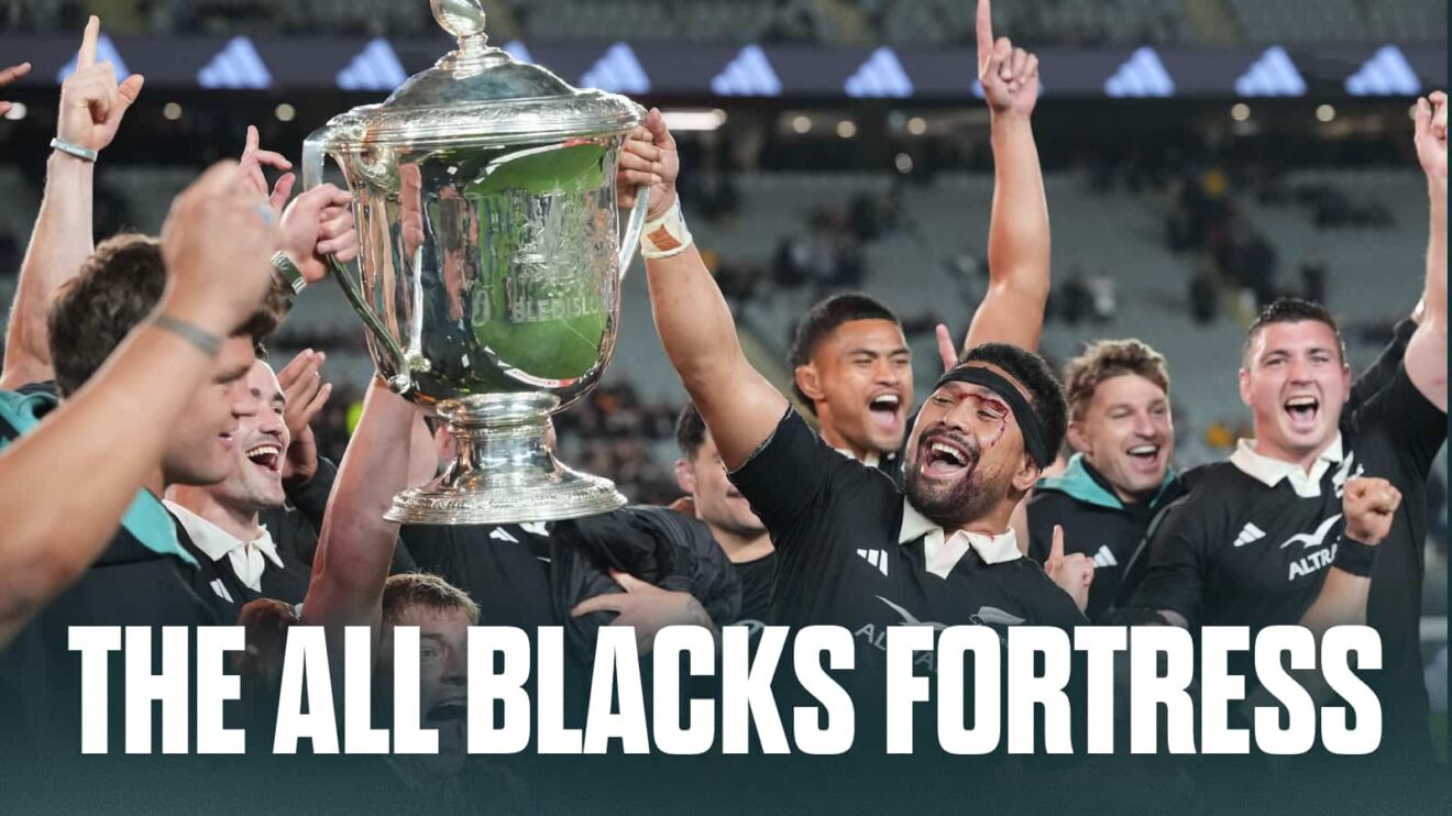 All Blacks captain Ardie Savea holds the Bledisloe Cup trophy aloft after defeating Australia at Eden Park in Auckland