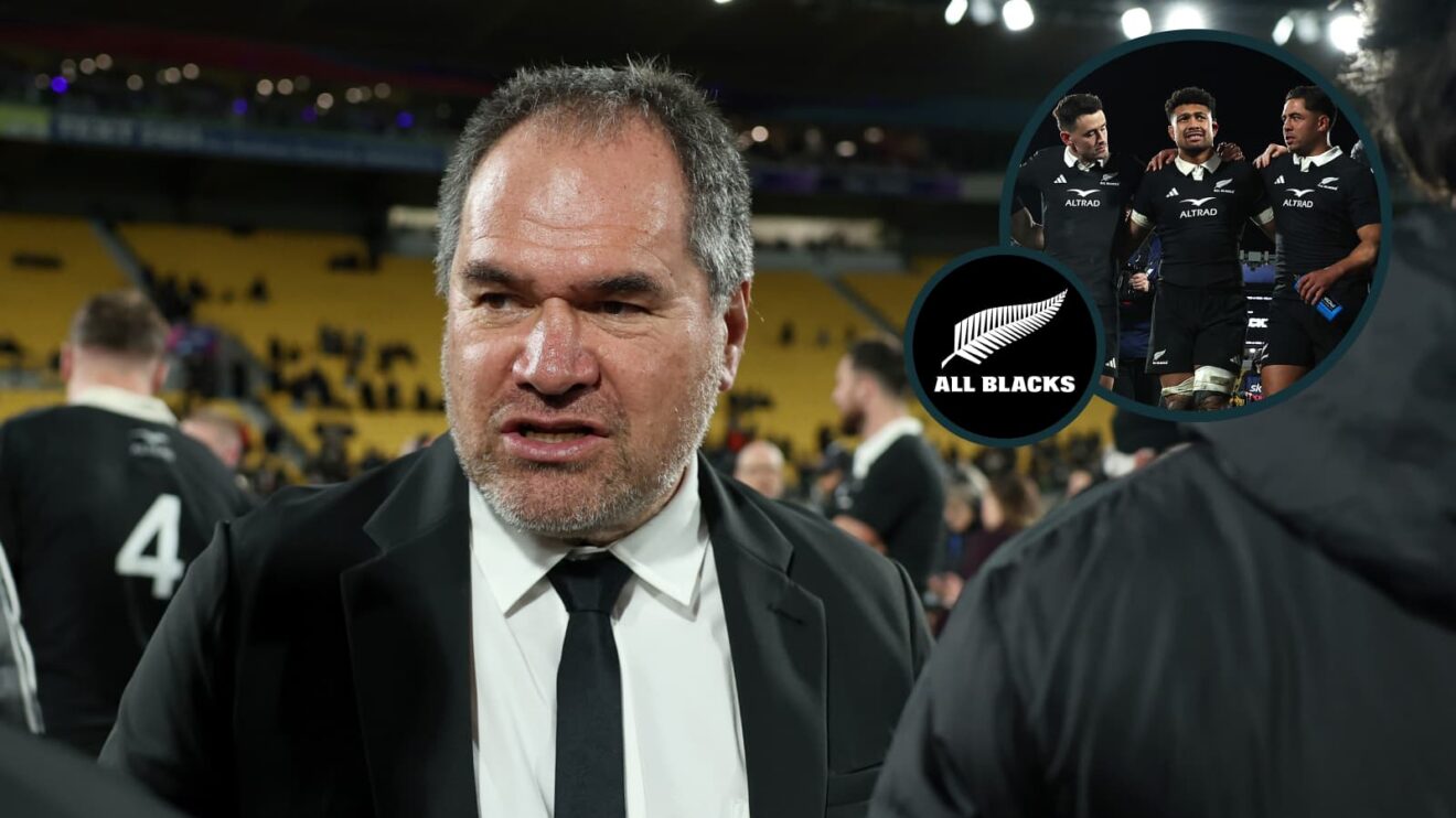 Head coach Dave Rennie and an inset of the All Blacks huddle