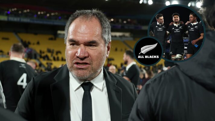 Head coach Dave Rennie and an inset of the All Blacks huddle