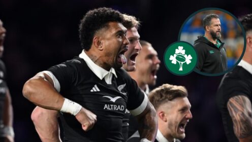 All Blacks captain Ardie Savea during the Haka and an inset of Ireland head coach Andy Farrell.