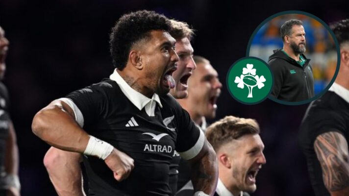 All Blacks captain Ardie Savea during the Haka and an inset of Ireland head coach Andy Farrell.