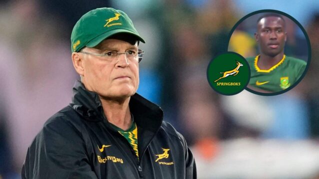Springboks head coach Rassie Erasmus and an inset of Vusi Moyo.