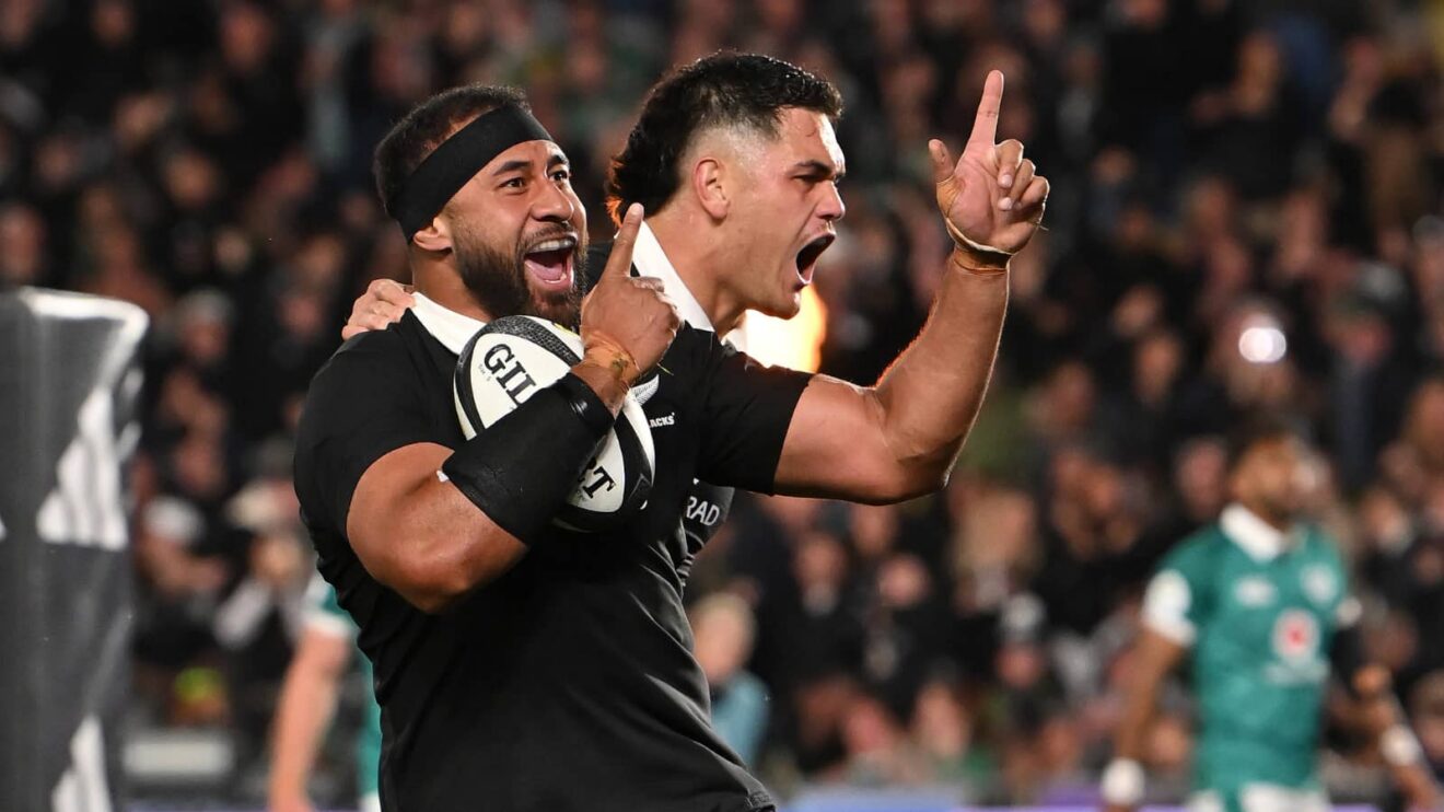 All Blacks lock Patrick Tuipulotu celebrates scoring against Ireland at Eden Park.