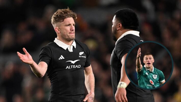 All Blacks players Damian McKenzie and Asafo Aumua with an inset of Ireland fly-half Sam Prendergast.