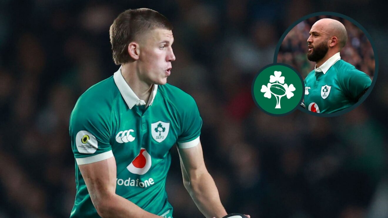 Sam Prendergast and Jamison Gibson-Park (inset) in action for Ireland.