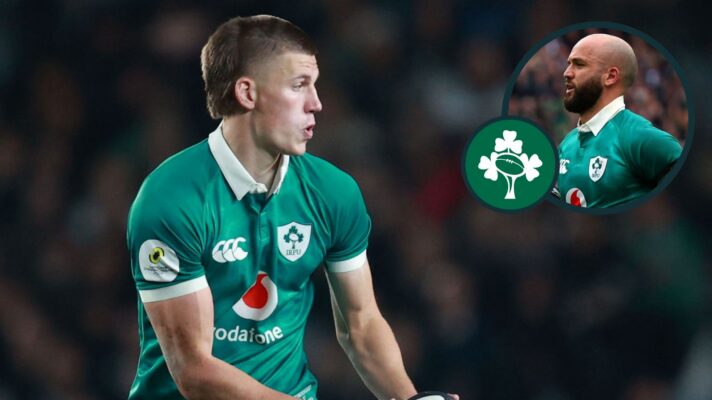 Sam Prendergast and Jamison Gibson-Park (inset) in action for Ireland.