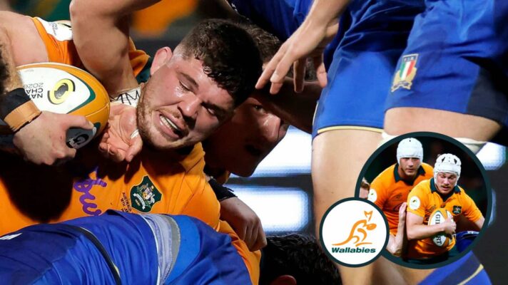 Carlo Tizzano and scrum-capped duo, Declan Meredith and Josh Canham (both inset), in action for the Wallabies against Italy.
