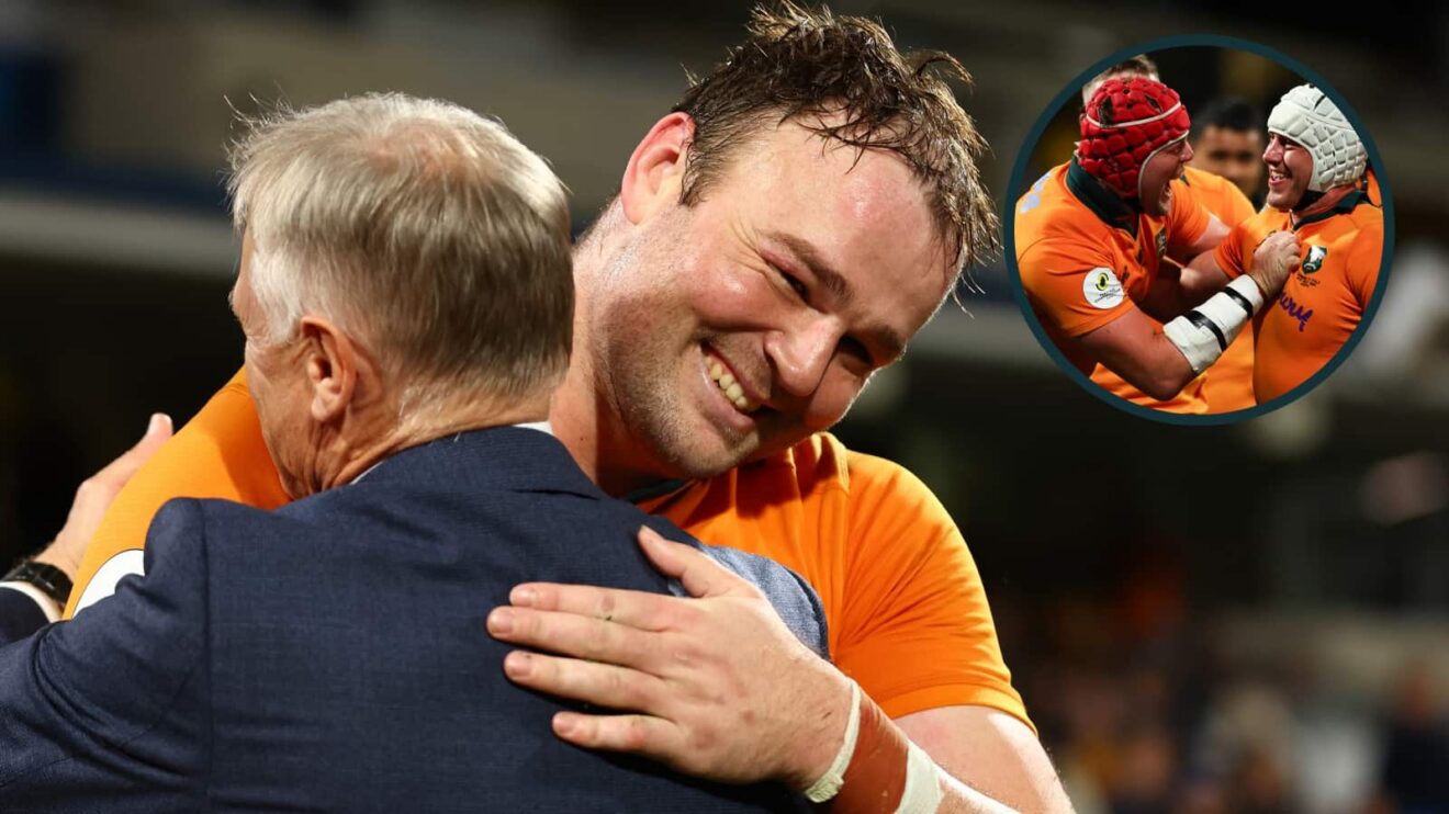Wallabies captain Harry Wilson with the outgoing head coach Joe Schmidt
