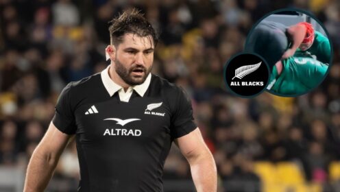 Luke Jacobson and the All Blacks flanker's dangerous clearout on Josh van der Flier (inset).