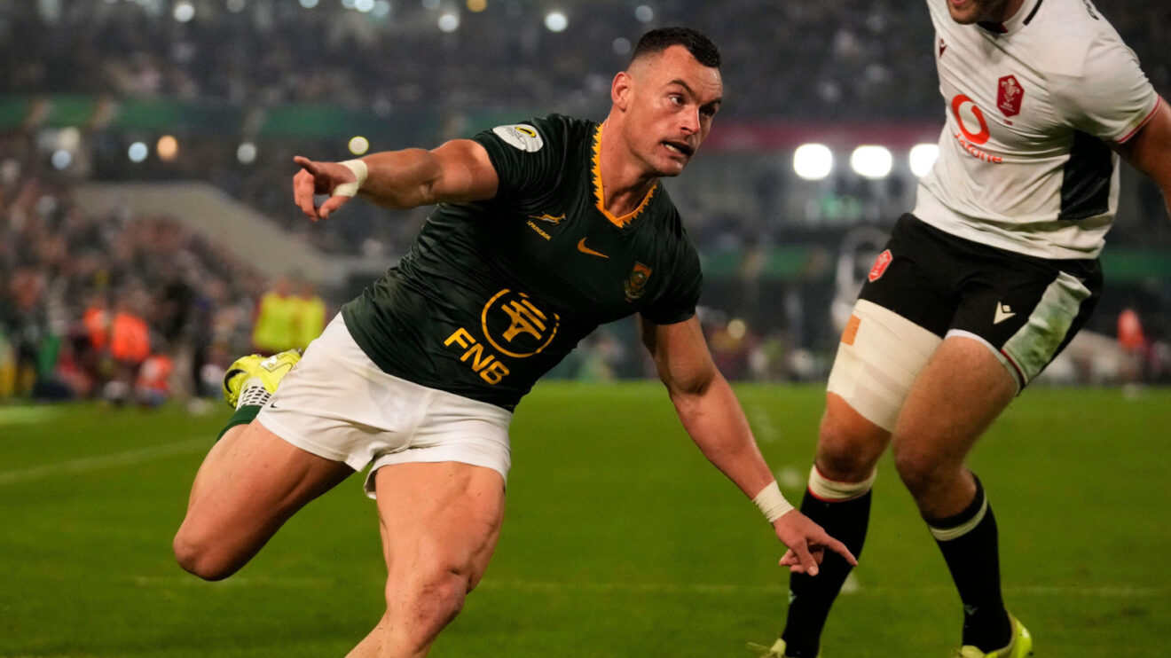Springboks centre Jesse Kriel celebrates a try against Wales.