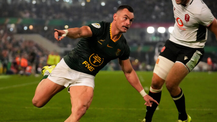 Springboks centre Jesse Kriel celebrates a try against Wales.