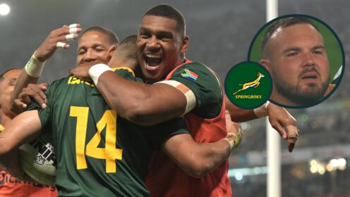 Manie Libbok and Damian Willemse celebrate with Jaco Williams and an inset of Carlu Sadie.