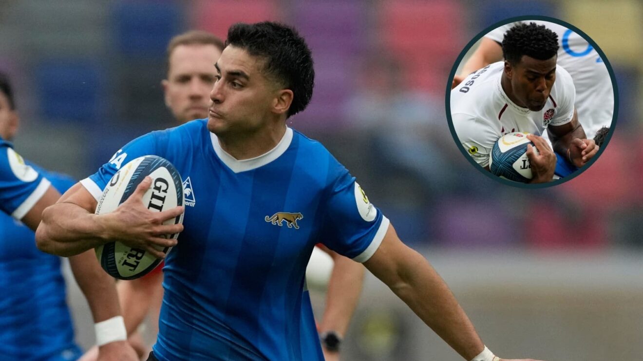 Argentina's Tomas Albornoz and England's Immanuel Feyi-Waboso (inset) during Saturday's clash.