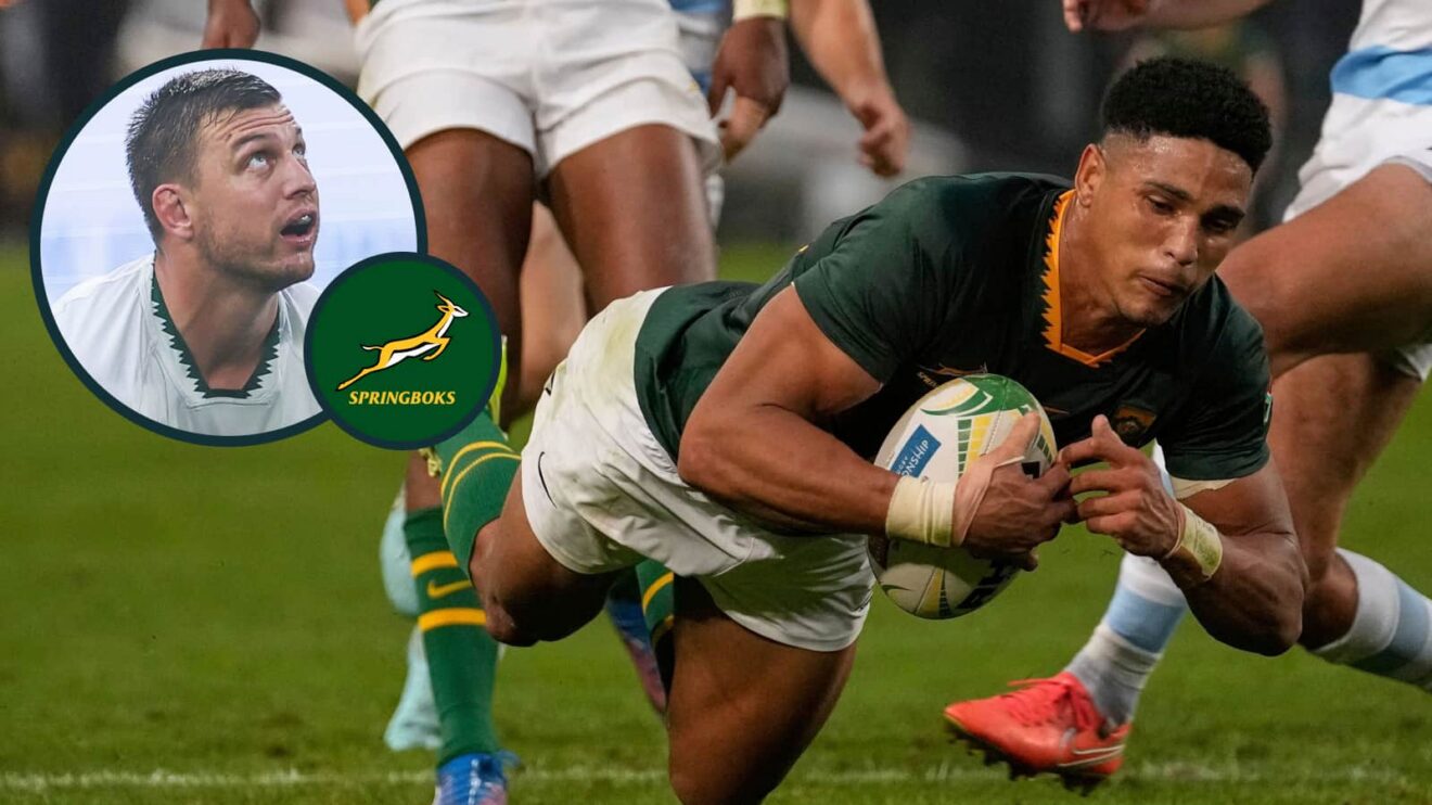 Sacha Feinberg-Mngomezulu and Handre Pollard (inset) in action for the Springboks.