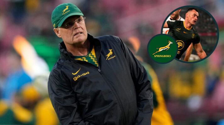 Springboks head coach Rassie Erasmus and Jesse Kriel scores Springboks third try in second quarter (inset).