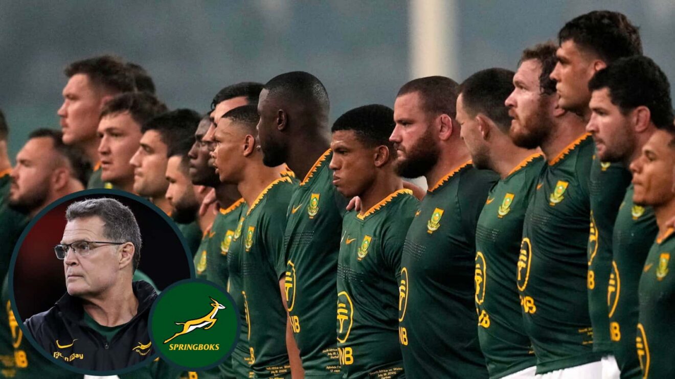 Springboks players line up for anthem against Wales and head coach Rassie Erasmus (inset).