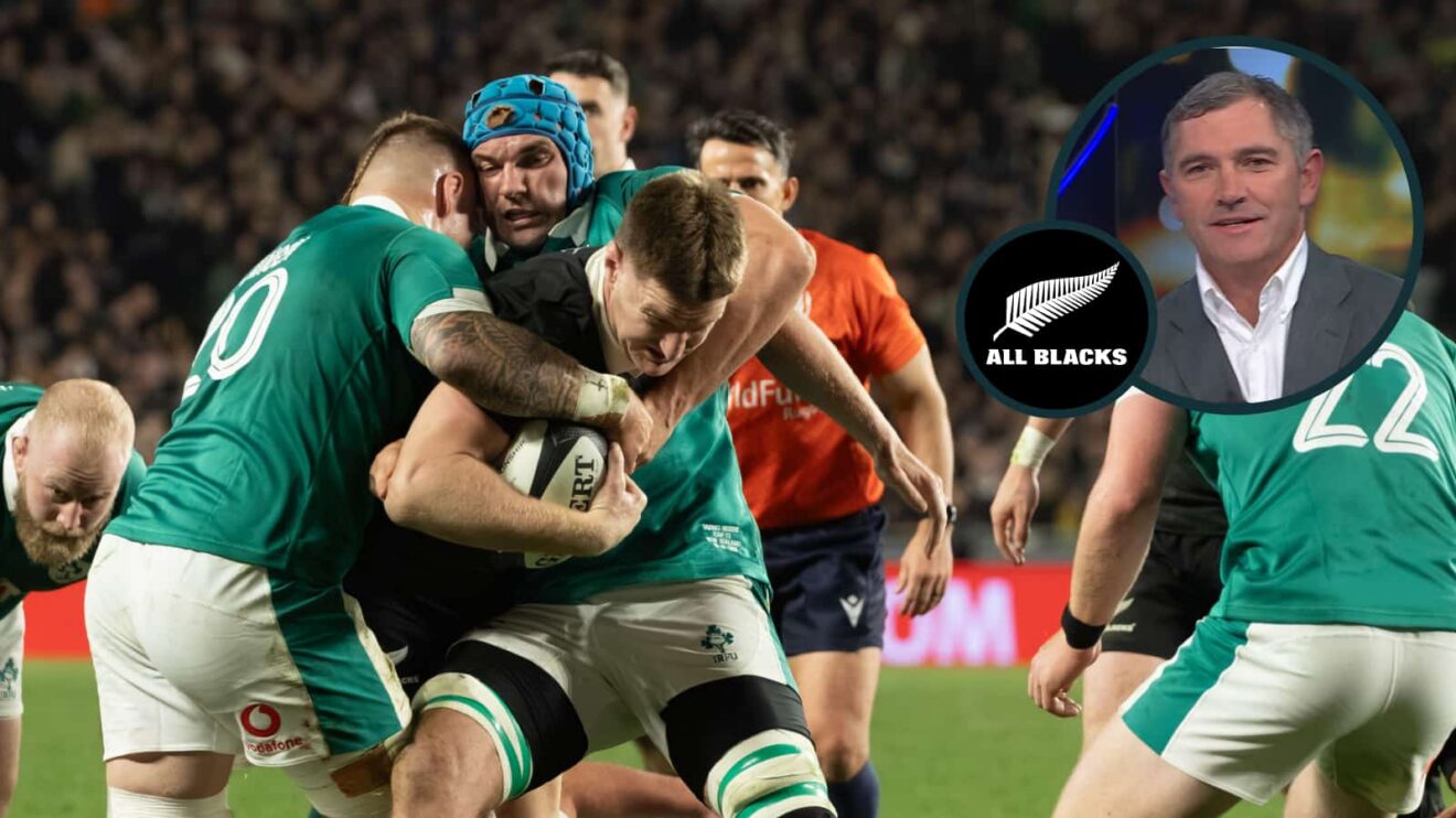 All Black second five Jordie Barrett is tackled by two Irish players and an inset of Stephen Donald.