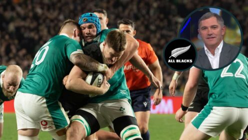 All Black second five Jordie Barrett is tackled by two Irish players and an inset of Stephen Donald.