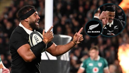 All Blacks lock Patrick Tuipulotu and an inset of Tupou Vaa'i.