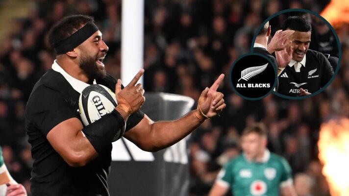 All Blacks lock Patrick Tuipulotu and an inset of Tupou Vaa'i.