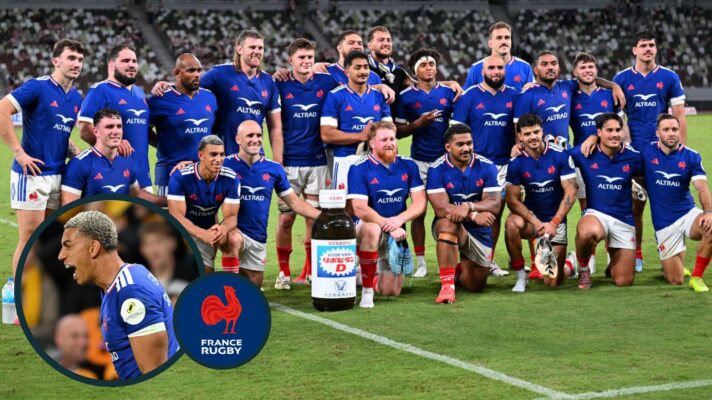 France celebrate their Nations Championship win over Japan.