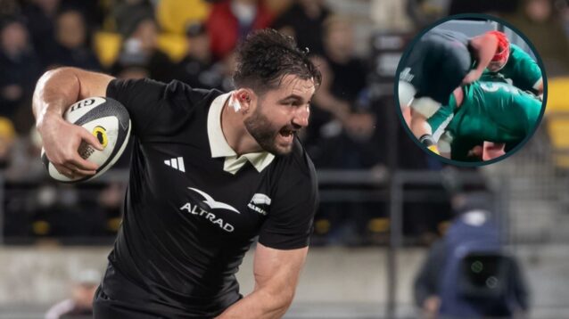 Luke Jacobson in action during the Nations Championship and the All Blacks flanker's illegal clearout on Ireland's Josh van der Flier (inset).