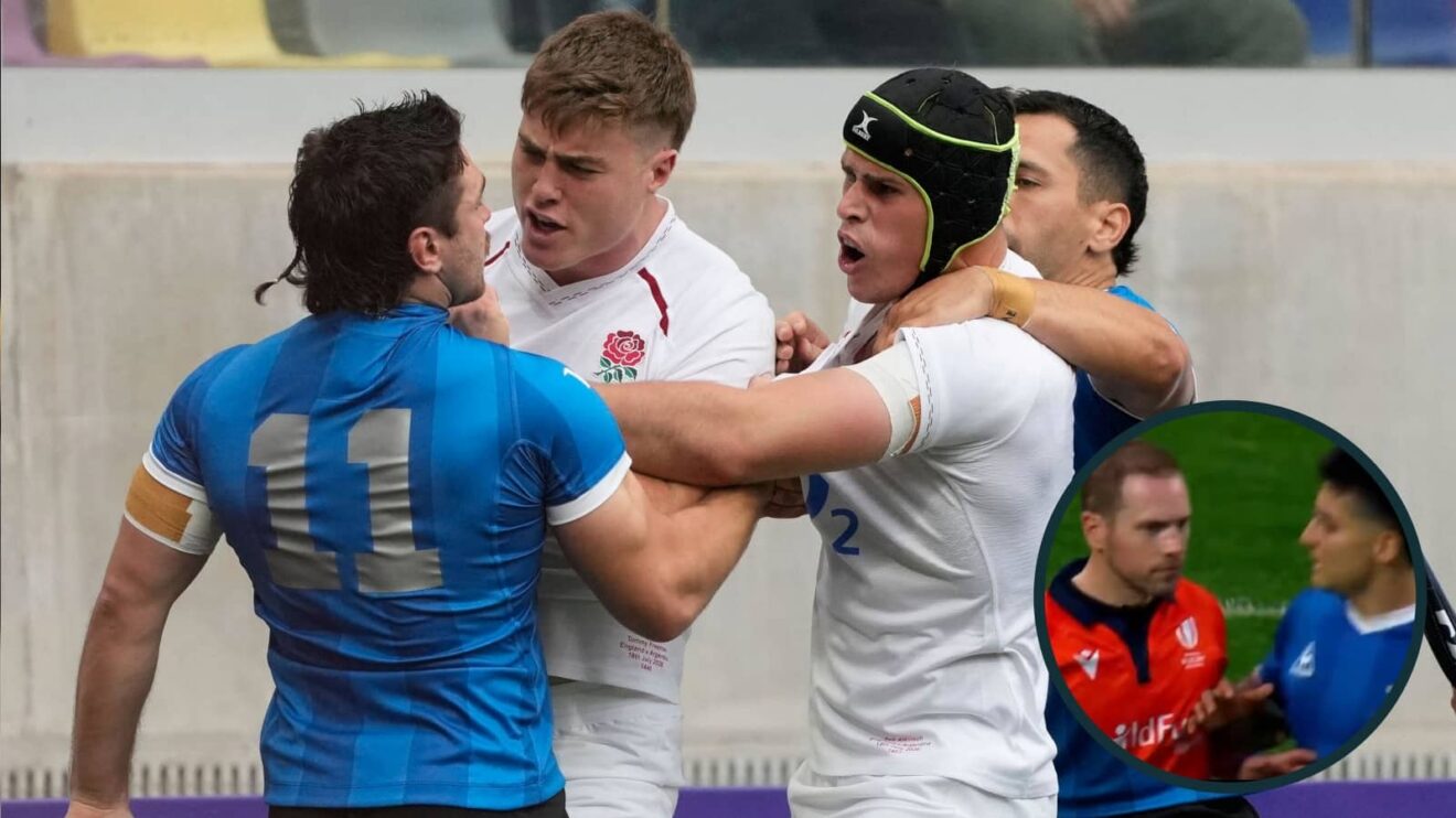Scuffle breaks out between Argentina and England, and Tomas Albornoz makes contact with referee Angus Gardner (inset).
