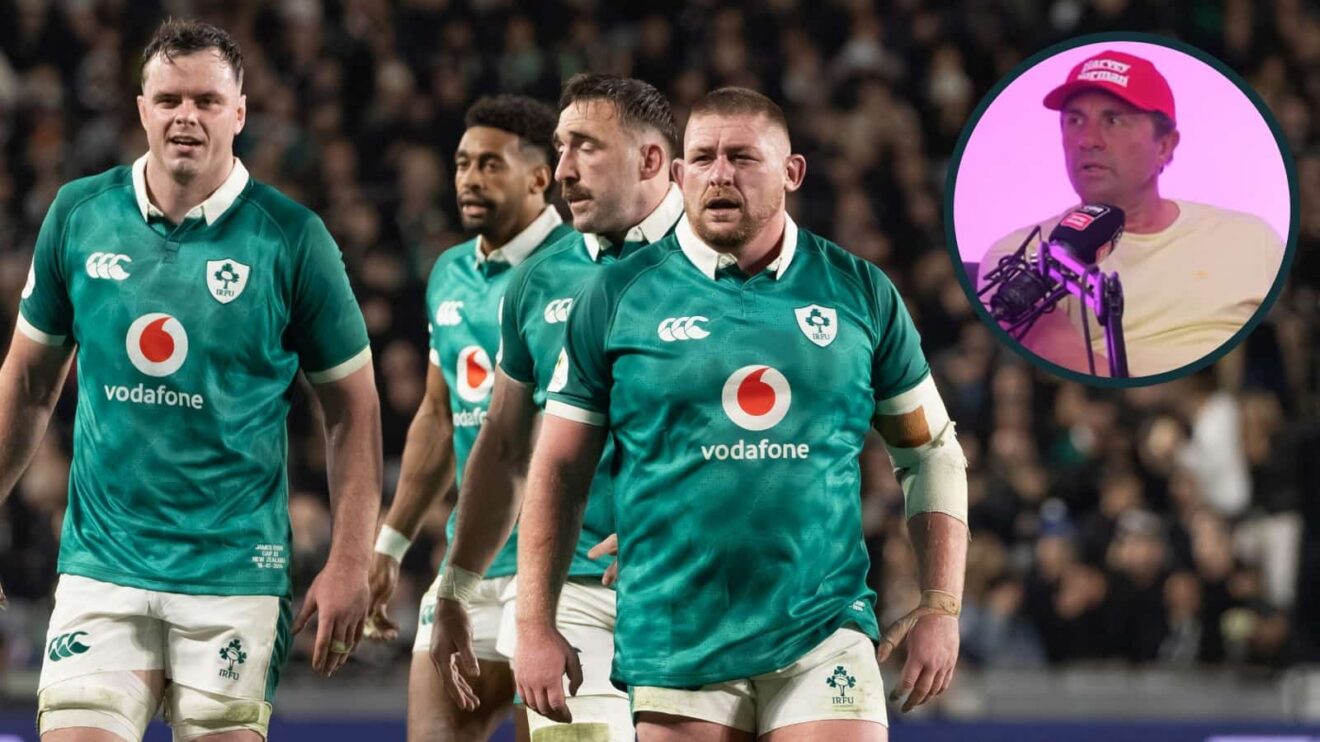 Ireland players during All Blacks defeat and former New Zealand scrum-half Justin Marshall (inset).