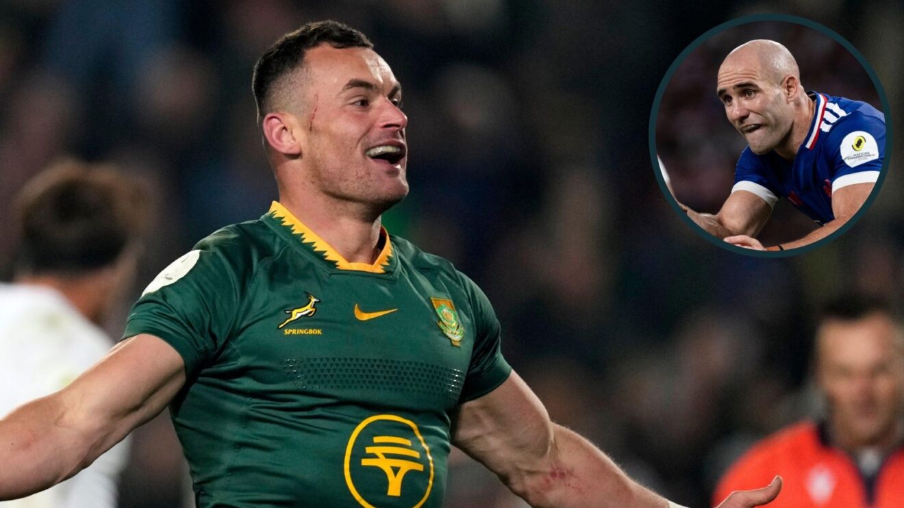 A two layered image of Jesse Kriel and Maxime Lucu