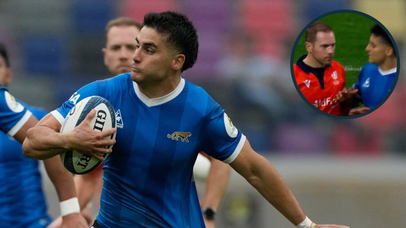 Argentina star Tomas Albornoz and the fly-half remonstrating with referee Angus Gardner (inset).