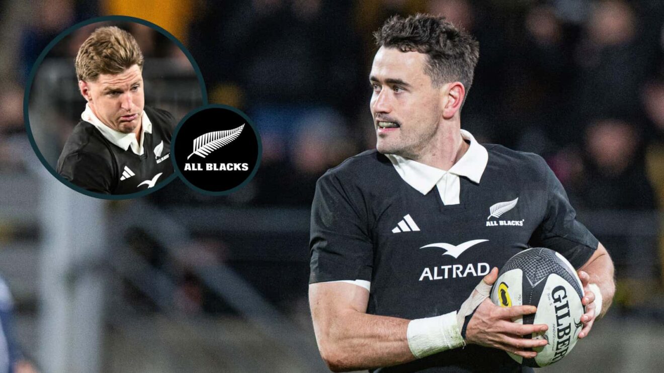 Will Jordan and Jordie Barrett (inset) in action for the All Blacks.
