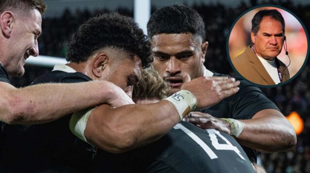 All Blacks celebrate try in Nations Championship, and the head coach Dave Rennie (inset).