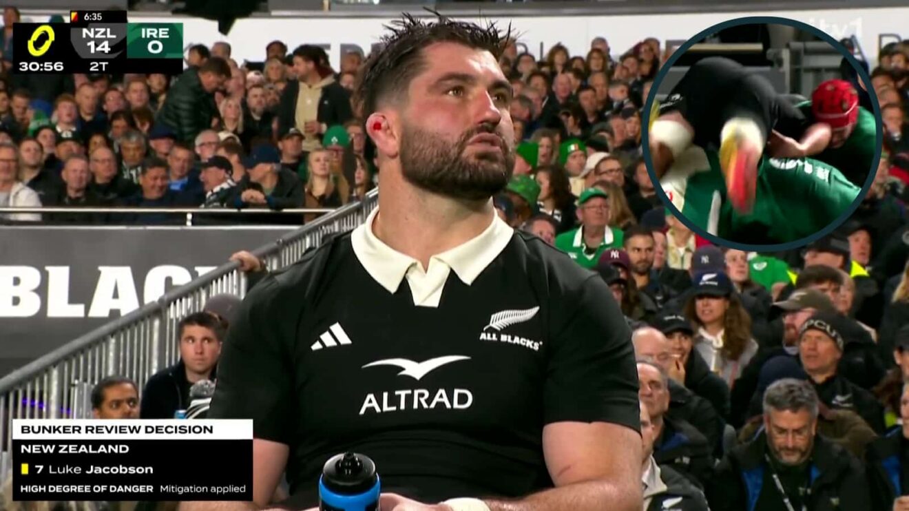 All Blacks flanker Luke Jacobson and the incident that earned him a yellow card against Ireland.