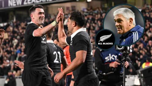 All Blacks Anton Lienert-Brown and Will Jordan celebrate a try against Ireland and an inset of ex-Springboks coach Nick Mallett.