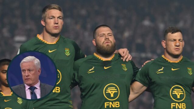 Springboks players during the South African national anthem and an inset of Matt Williams.