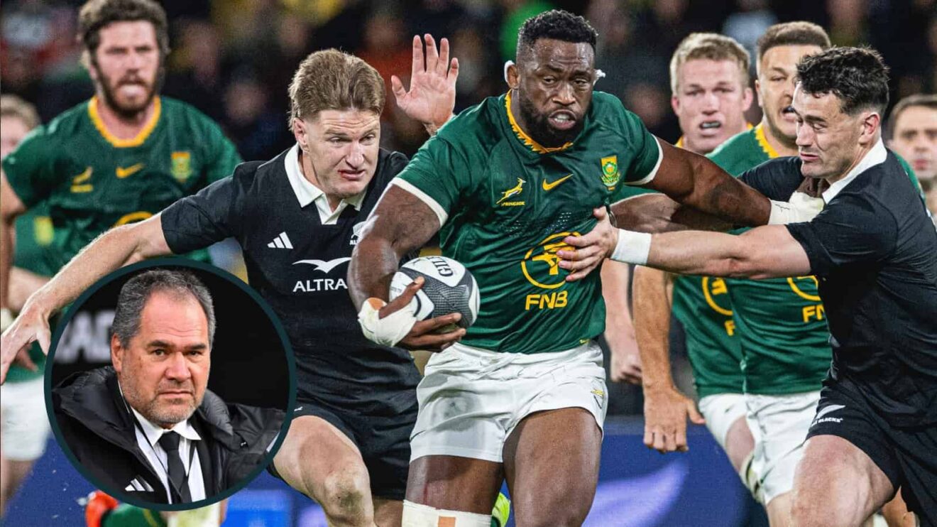 Siya Kolisi carrying the ball for Springboks against All Blacks and New Zealand head coach Dave Rennie (inset).